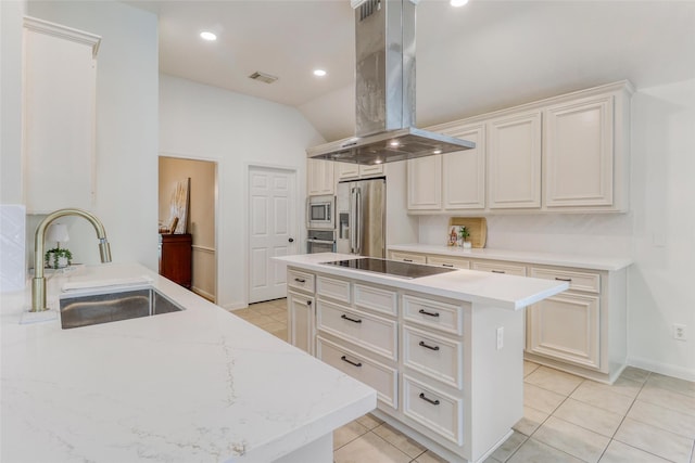 23314 Dunhill Ct, Katy, TX 77494 - kitchen featuring island exhaust hood, stainless steel appliances, light tile patterned floors, lofted ceiling, and a center island
