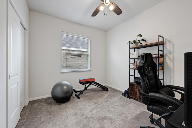 15023 Winter Valley Ct, Humble, TX 77396 - carpeted home office featuring a ceiling fan and baseboards