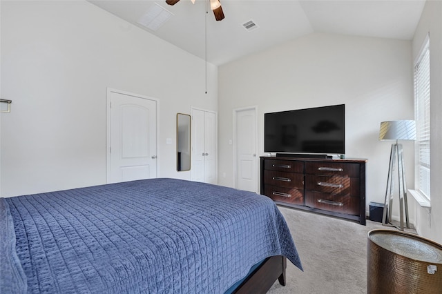 15023 Winter Valley Ct, Humble, TX 77396 - bedroom with carpet, ceiling fan, and high vaulted ceiling