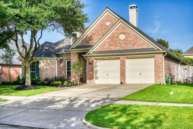519 Ivory Stone Ln, League City, TX 77573 - view of front of home with a garage, brick siding, driveway, and a chimney