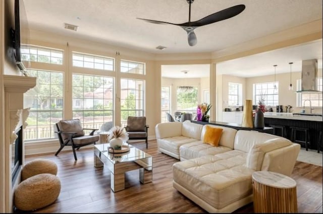 20522 Riverside Pines Dr, Houston, TX 77346 - living area with wood finished floors, a ceiling fan, and a textured ceiling