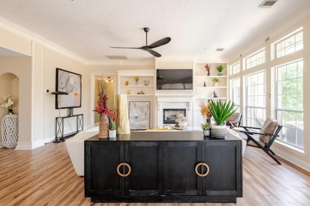 20522 Riverside Pines Dr, Houston, TX 77346 - living area with healthy amount of natural light, ceiling fan, light wood-type flooring, and ornamental molding