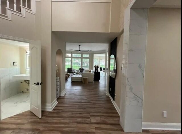 20522 Riverside Pines Dr, Houston, TX 77346 - hallway with wood finished floors, arched walkways, and a towering ceiling