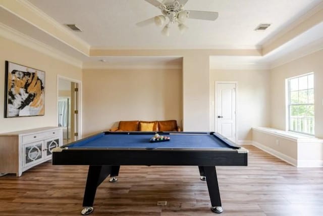20522 Riverside Pines Dr, Houston, TX 77346 - playroom featuring a tray ceiling, billiards table, wood finished floors, and ornamental molding