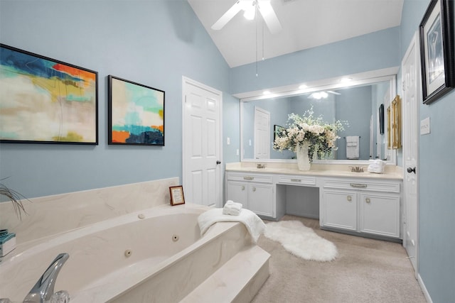 116 April Wind Dr E, Montgomery, TX 77356 - full bathroom featuring double vanity, lofted ceiling, a tub with jets, and a ceiling fan