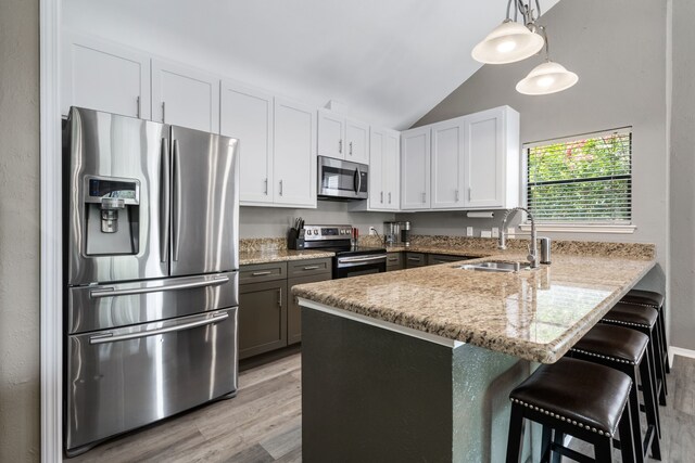17 Lakeview Vlg, Montgomery, TX 77356 - kitchen featuring stainless steel appliances, a peninsula, light wood-style floors, light stone countertops, and vaulted ceiling
