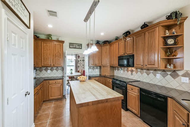 29218 Hay Meadow Ct, Waller, TX 77484 - kitchen featuring black appliances, wood counters, open shelves, a kitchen island, and decorative backsplash