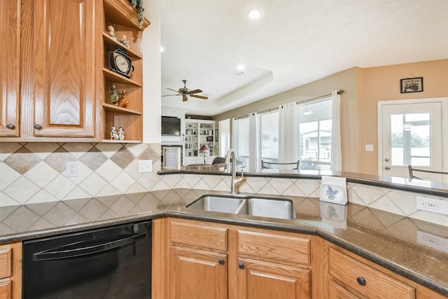 29218 Hay Meadow Ct, Waller, TX 77484 - kitchen featuring dishwasher, ceiling fan, open shelves, decorative backsplash, and recessed lighting
