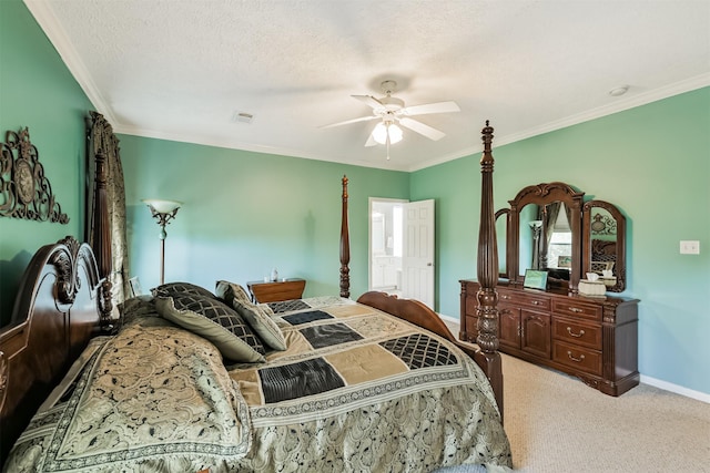 29218 Hay Meadow Ct, Waller, TX 77484 - carpeted bedroom with crown molding, a ceiling fan, and a textured ceiling