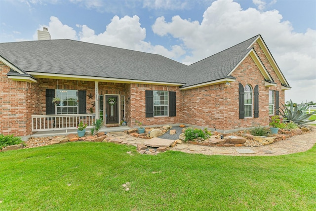 29218 Hay Meadow Ct, Waller, TX 77484 - view of front of property featuring a shingled roof, brick siding, a porch, and a front yard