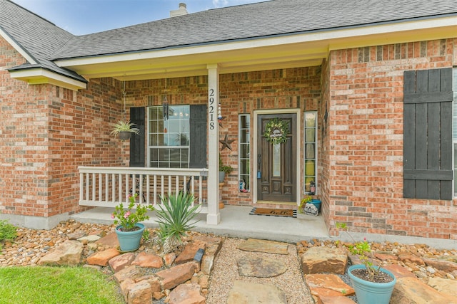 29218 Hay Meadow Ct, Waller, TX 77484 - doorway to property featuring covered porch, brick siding, and roof with shingles