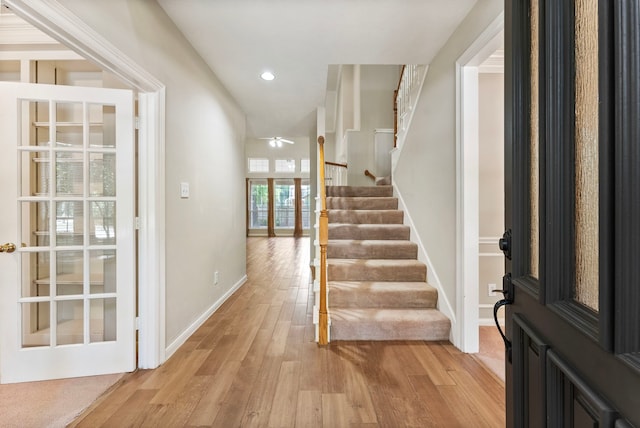 53 Silver Crescent Ct, The Woodlands, TX 77382 - entryway with light wood-style flooring, stairway, ceiling fan, and recessed lighting