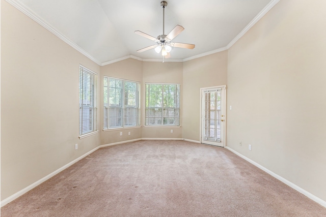53 Silver Crescent Ct, The Woodlands, TX 77382 - unfurnished room featuring ornamental molding, a ceiling fan, carpet, and lofted ceiling