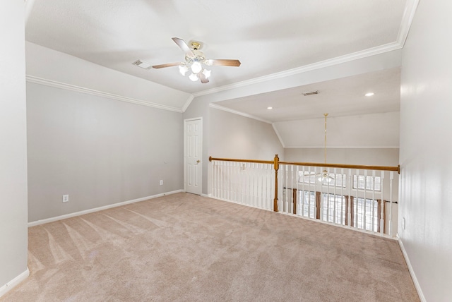 53 Silver Crescent Ct, The Woodlands, TX 77382 - unfurnished room featuring ceiling fan, vaulted ceiling, carpet flooring, and ornamental molding