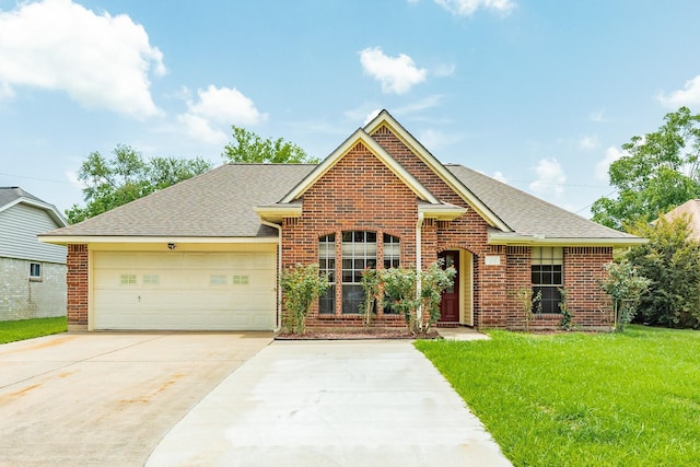 21 Alexander Ct, Angleton, TX 77515 - view of front facade with brick siding, driveway, a shingled roof, a garage, and a front lawn