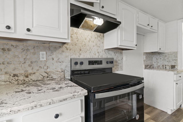 781 Country Place Dr Unit 2083, Houston, TX 77079 - kitchen with stainless steel electric stove, under cabinet range hood, decorative backsplash, wood finished floors, and white cabinetry