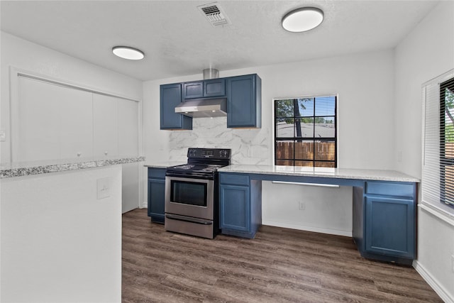 805 28 1/2, San Leon, TX 77539 - kitchen featuring stainless steel range with electric stovetop, under cabinet range hood, blue cabinets, and dark wood-style floors