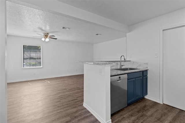 805 28 1/2, San Leon, TX 77539 - kitchen featuring dishwasher, blue cabinetry, a ceiling fan, dark wood finished floors, and light stone countertops