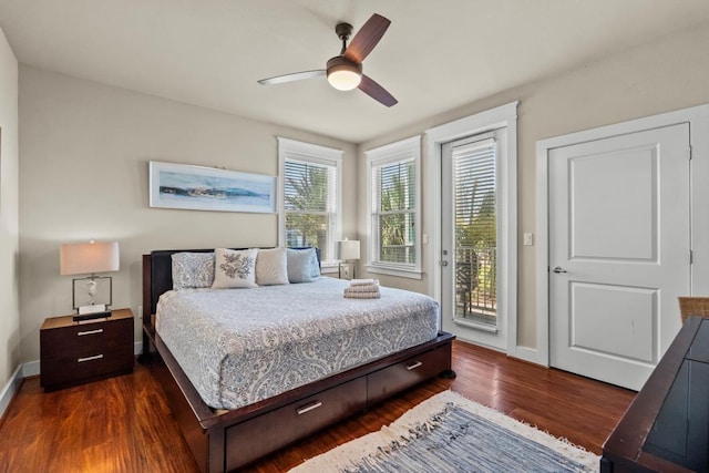 4121 Pointe W Dr Unit 103, Galveston, TX 77554 - bedroom with access to outside, wood finished floors, and a ceiling fan