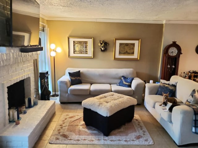 8728 Wilcrest Dr Unit 8728, Houston, TX 77099 - living area featuring a textured ceiling, crown molding, light tile patterned flooring, and a fireplace