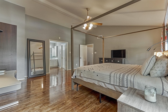 100 W Rainbow Ridge Cir, The Woodlands, TX 77381 - bedroom featuring high vaulted ceiling, wood finished floors, and ensuite bath
