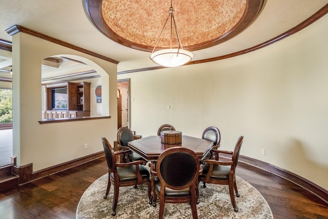 102 Lake Sterling Gate Dr, Spring, TX 77379 - dining area featuring crown molding, wood finished floors, and a tray ceiling