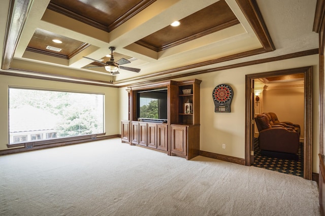 102 Lake Sterling Gate Dr, Spring, TX 77379 - home theater with carpet floors, ornamental molding, ceiling fan, coffered ceiling, and beamed ceiling
