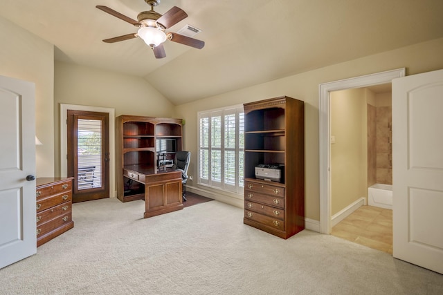 102 Lake Sterling Gate Dr, Spring, TX 77379 - office with ceiling fan, light carpet, and vaulted ceiling
