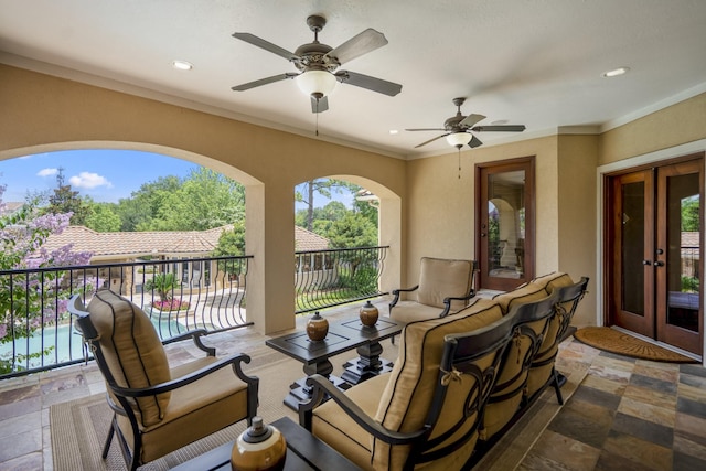 102 Lake Sterling Gate Dr, Spring, TX 77379 - patio / terrace featuring french doors, a ceiling fan, and outdoor lounge area