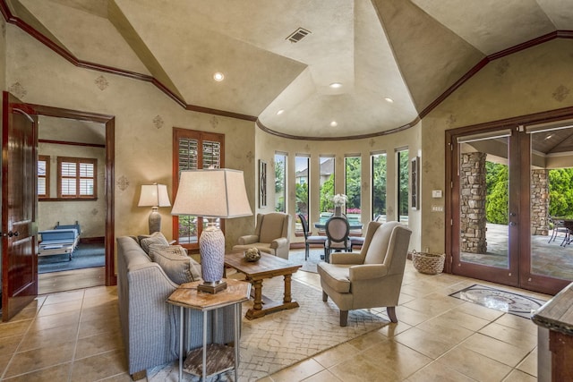 102 Lake Sterling Gate Dr, Spring, TX 77379 - tiled living area featuring french doors, ornamental molding, vaulted ceiling, a textured wall, and recessed lighting