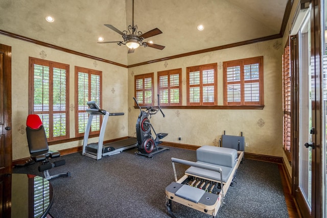 102 Lake Sterling Gate Dr, Spring, TX 77379 - exercise room featuring ceiling fan, recessed lighting, lofted ceiling, and ornamental molding
