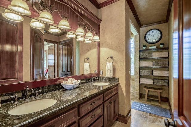 102 Lake Sterling Gate Dr, Spring, TX 77379 - full bathroom featuring a textured wall, ornamental molding, double vanity, and stone tile flooring