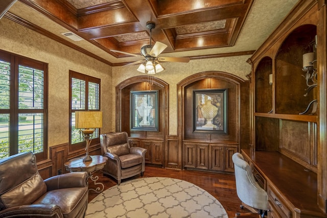 102 Lake Sterling Gate Dr, Spring, TX 77379 - sitting room with dark wood-type flooring, coffered ceiling, crown molding, a ceiling fan, and beam ceiling