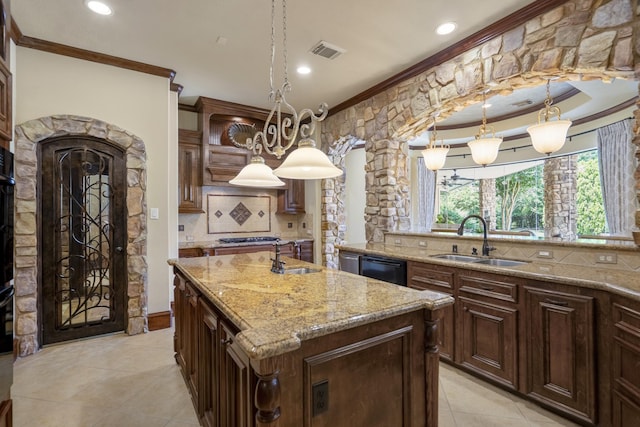102 Lake Sterling Gate Dr, Spring, TX 77379 - kitchen featuring ornamental molding, backsplash, light stone countertops, recessed lighting, and light tile patterned floors