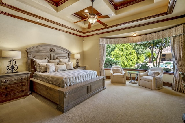 102 Lake Sterling Gate Dr, Spring, TX 77379 - bedroom with carpet floors, multiple windows, crown molding, a ceiling fan, and coffered ceiling