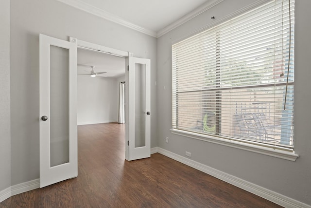 5200 Weslayan St Unit 101, Houston, TX 77005 - empty room with french doors, crown molding, wood finished floors, and a ceiling fan