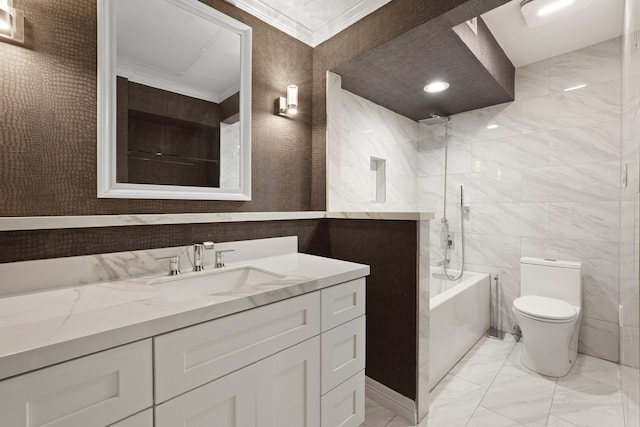 5200 Weslayan St Unit 101, Houston, TX 77005 - full bath featuring vanity, marble finish floors, bathtub / shower combination, and crown molding