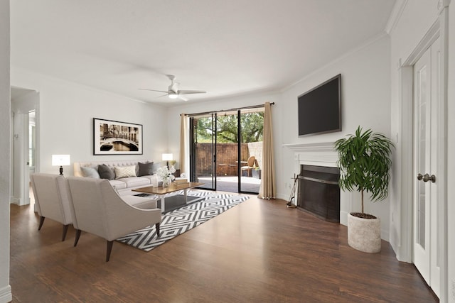 5200 Weslayan St Unit 101, Houston, TX 77005 - living room with ceiling fan, wood finished floors, crown molding, and a fireplace