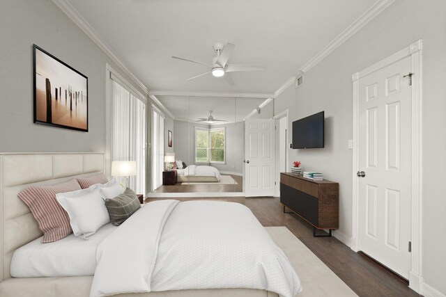 5200 Weslayan St Unit 101, Houston, TX 77005 - bedroom with ornamental molding, dark wood-style floors, and a ceiling fan