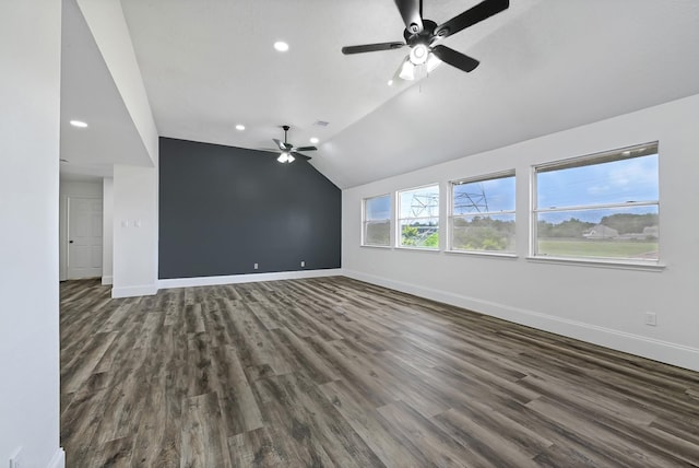 1826 Cheyenne River Cir, Sugar Land, TX 77478 - unfurnished living room featuring a ceiling fan, lofted ceiling, dark wood finished floors, and recessed lighting