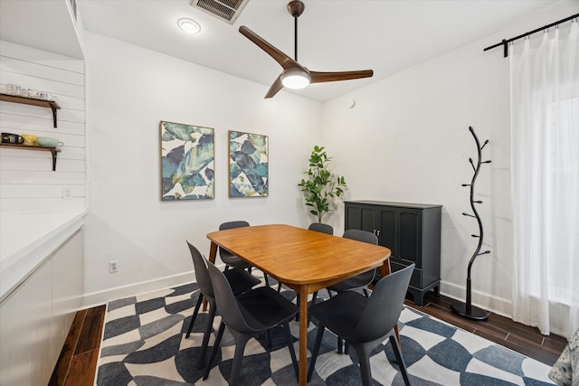 4914 Feagan St, Houston, TX 77007 - dining room with a ceiling fan, dark wood-type flooring, and recessed lighting