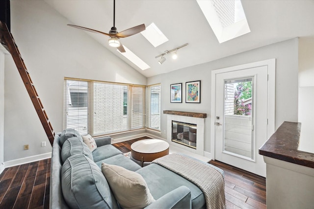 4914 Feagan St, Houston, TX 77007 - living area with a skylight, a glass covered fireplace, vaulted ceiling, dark wood-type flooring, and track lighting
