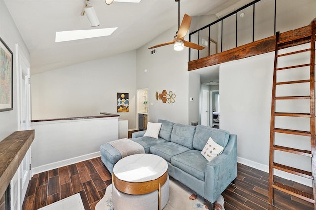 4914 Feagan St, Houston, TX 77007 - living area with a skylight, high vaulted ceiling, wood finished floors, and a ceiling fan