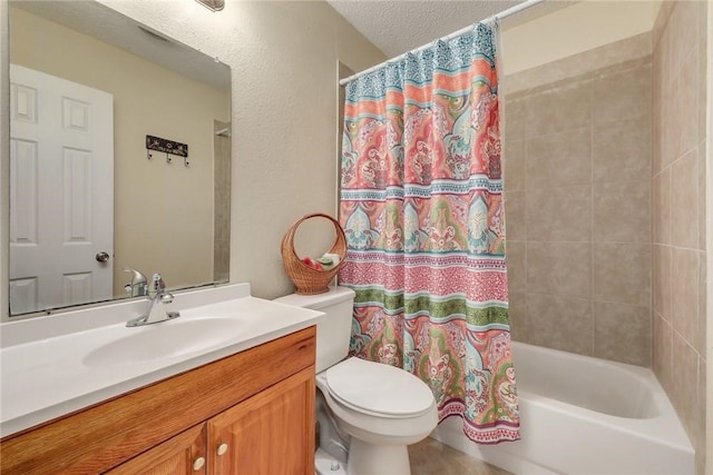 600 Erin Cir, Leander, TX 78641 - full bathroom featuring vanity, shower / tub combo with curtain, and a textured ceiling