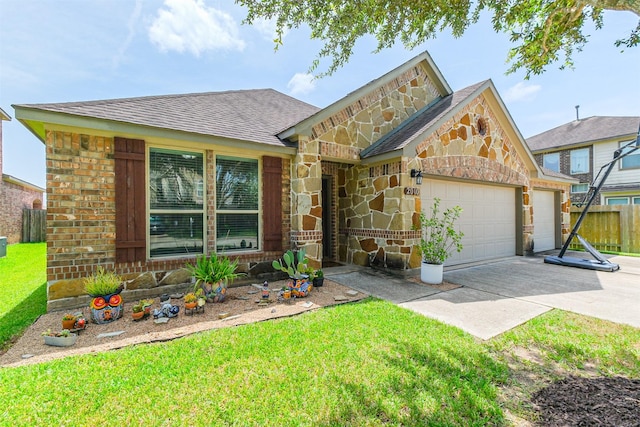 2010 Wembley Way, Rosenberg, TX 77471 - view of front of property featuring an attached garage, stone siding, driveway, and a shingled roof