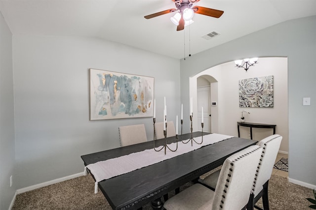 2010 Wembley Way, Rosenberg, TX 77471 - dining room with vaulted ceiling, arched walkways, carpet, and ceiling fan