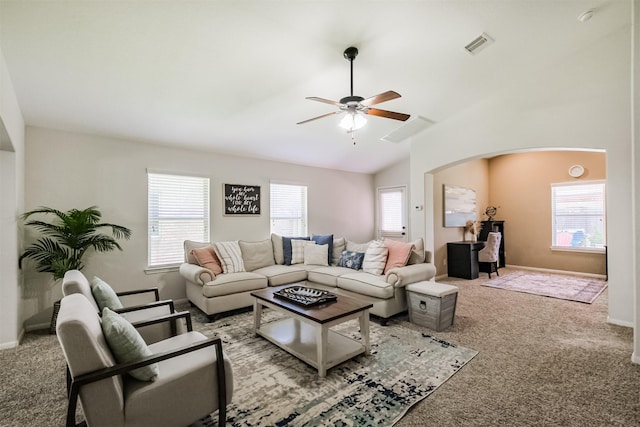 2010 Wembley Way, Rosenberg, TX 77471 - living area featuring carpet flooring, a ceiling fan, and vaulted ceiling