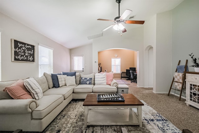 2010 Wembley Way, Rosenberg, TX 77471 - carpeted living room with arched walkways, ceiling fan, vaulted ceiling, and an office area