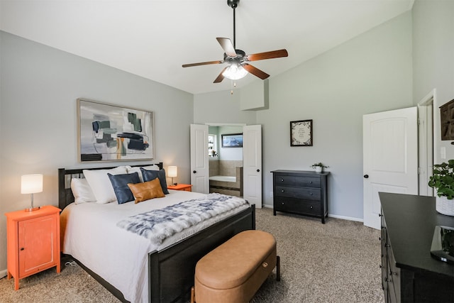 2010 Wembley Way, Rosenberg, TX 77471 - bedroom featuring light carpet, high vaulted ceiling, connected bathroom, and ceiling fan