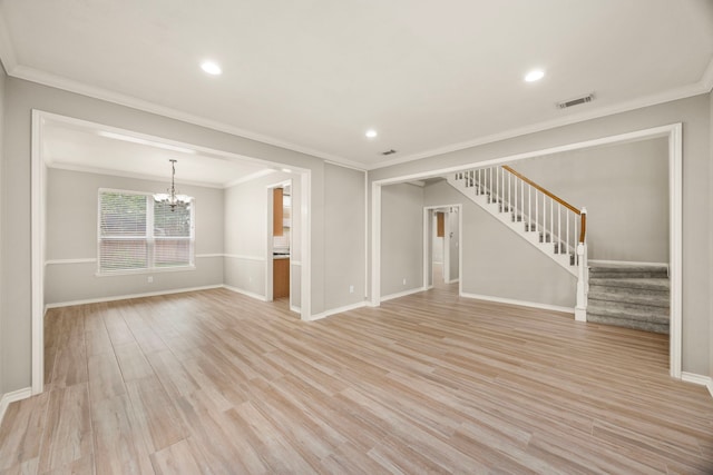 22 Windfern Pl, The Woodlands, TX 77382 - unfurnished living room featuring stairs, a chandelier, ornamental molding, light wood-style flooring, and recessed lighting